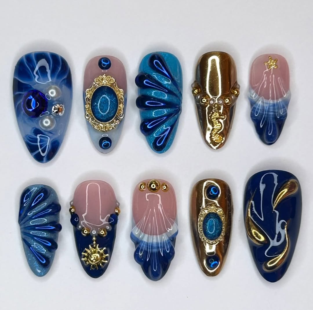Blue Ocean Press On Nails with Gold Shell and Wave Art Accents