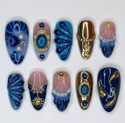 Blue Ocean Press On Nails with Gold Shell and Wave Art Accents