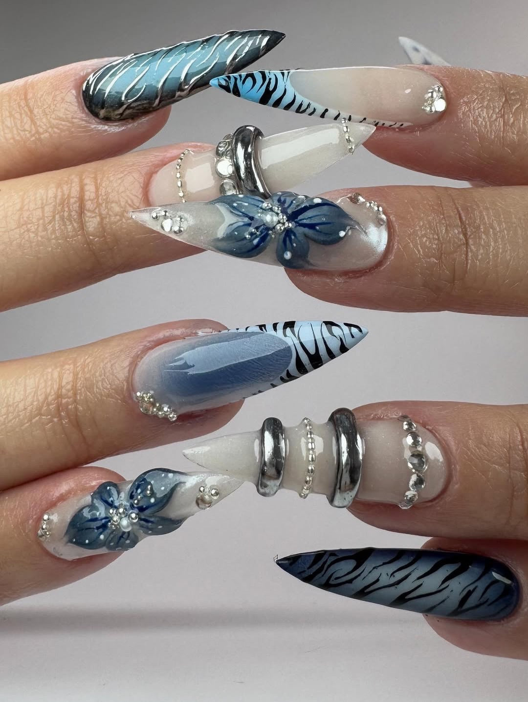 Blue Silver Sculptural Press On Nails Luxury Statement Set