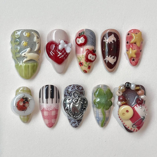 Blue Wonderland Press On Nails Rabbit Carousel Fantasy Charm Art Set