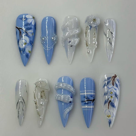 Blue and White Floral 3D Press-On Nails with Snake and Pearl Accents