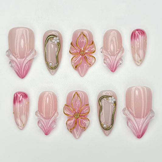Blush Bloom Elegance Press On Nails 3D Floral Pink Fantasy Set