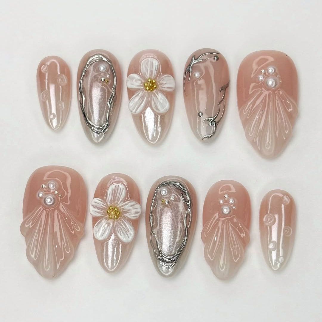 Blush Pearl Floral Almond Press On Nails Set