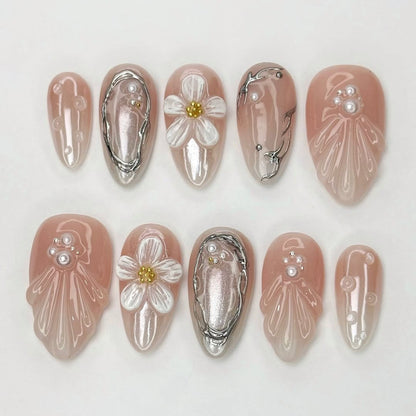 Blush Pearl Floral Almond Press On Nails Set