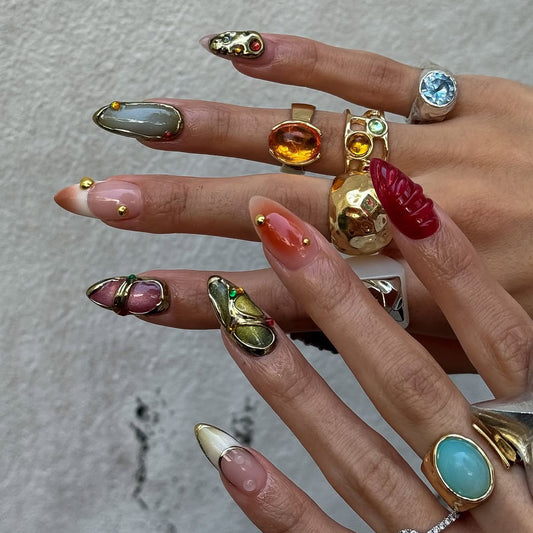 Boho Chrome Accent Press On Nails with Sculpted Details & Nature-Inspired Design