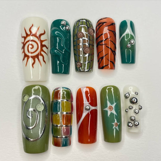 Boho Tribal Earthy Press On Nails with Retro Spirals, Plaid & Chrome Bead Accents