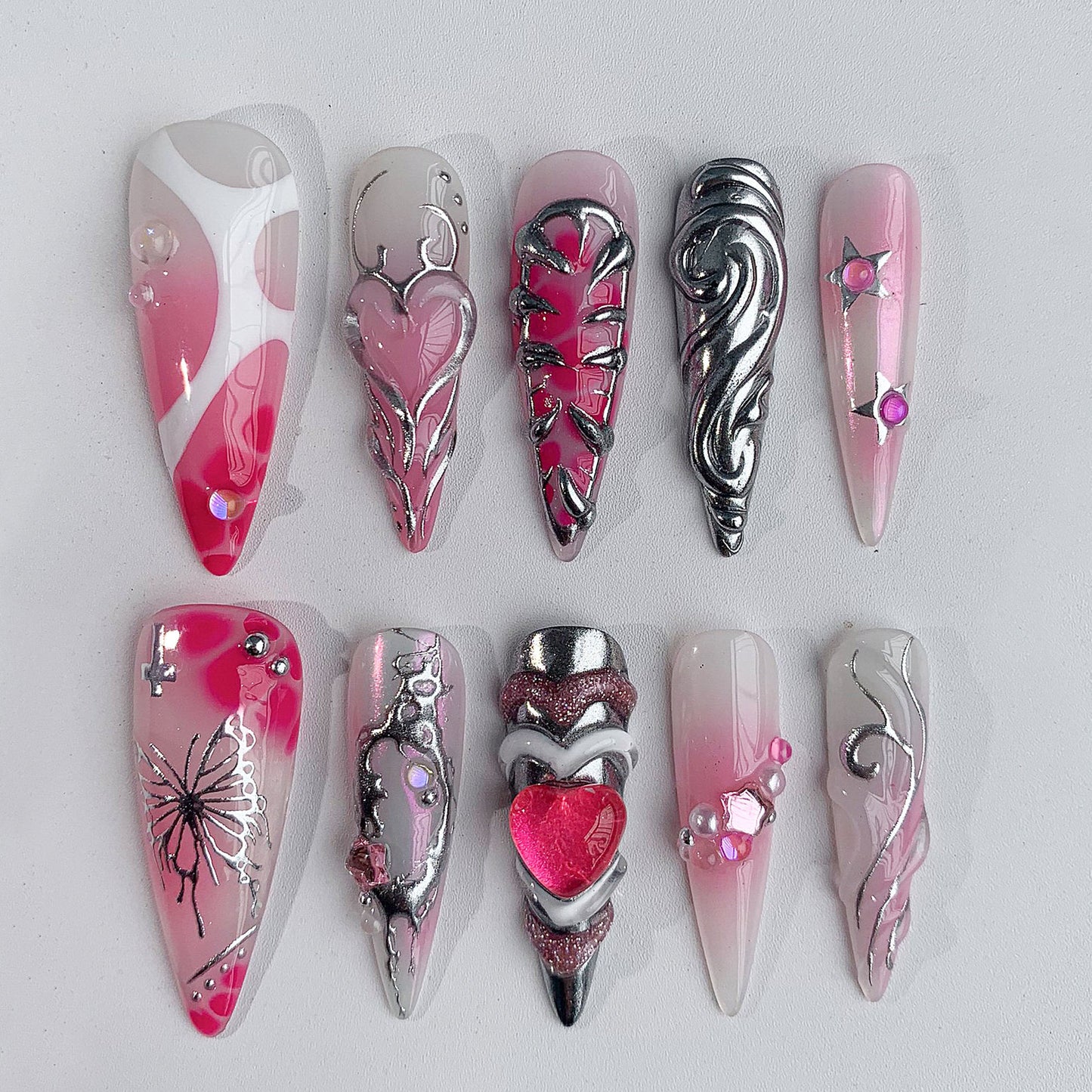 Bold 3D Heart Press-On Nails, Pink Glam Set