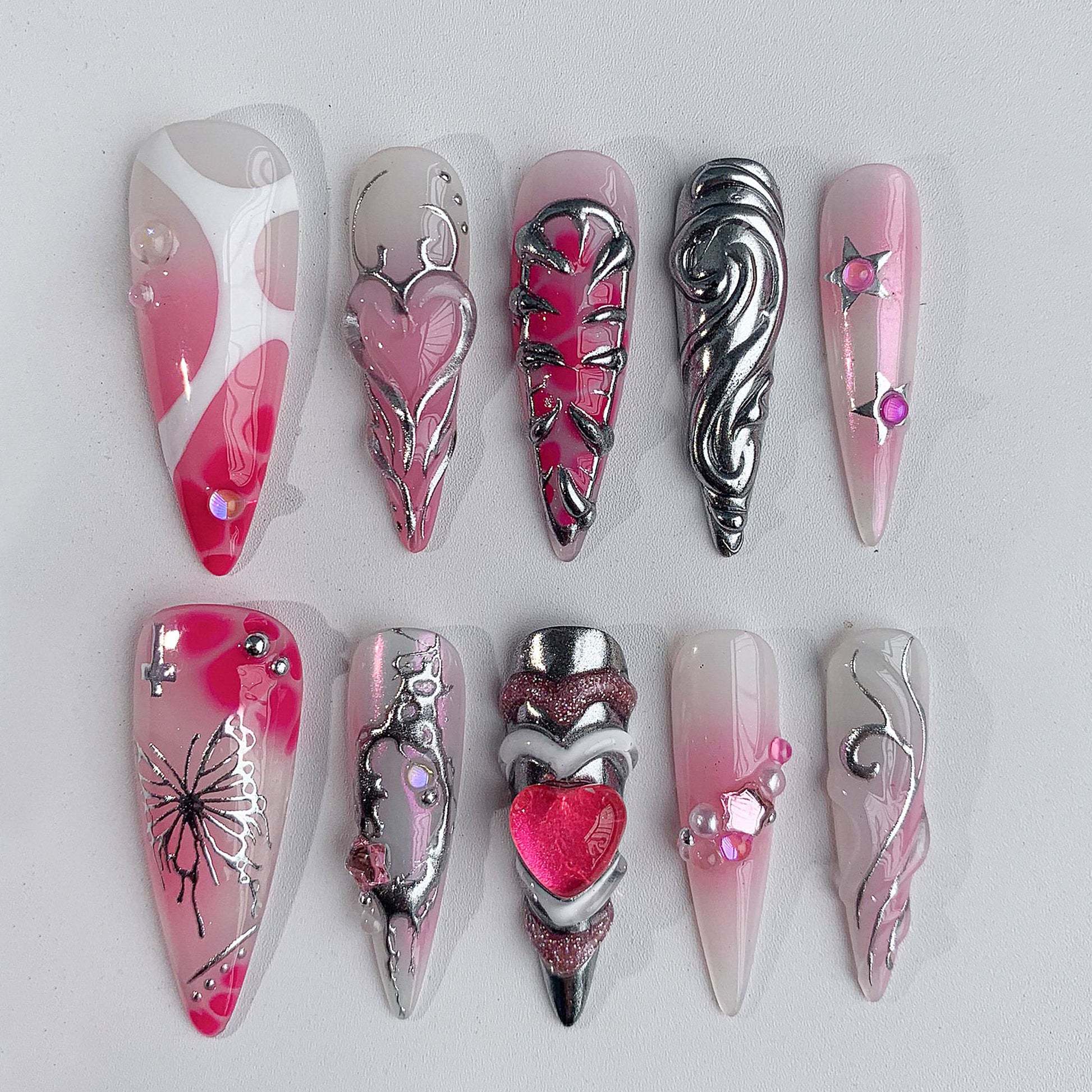 Bold 3D Heart Press-On Nails, Pink Glam Set
