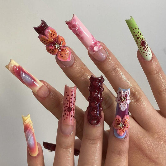 Bold Cutout 3D Floral Candy Press On Nails
