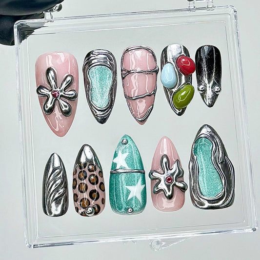 Bold Metallic Floral Press-On Nails Set