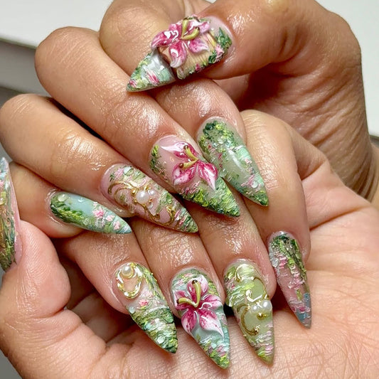Botanical Lily Garden Fairycore Luxury Handmade Press On Nail Set