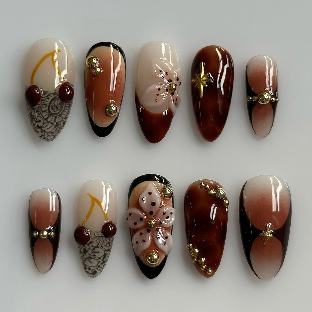 Brown Cherry Blossom Floral Gold Accent Press On Nails