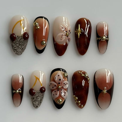 Brown Cherry Blossom Floral Gold Accent Press On Nails