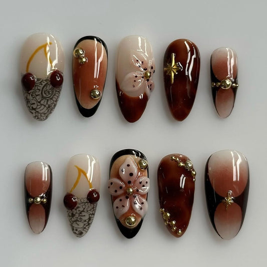 Brown Cherry Blossom Floral Gold Accent Press On Nails
