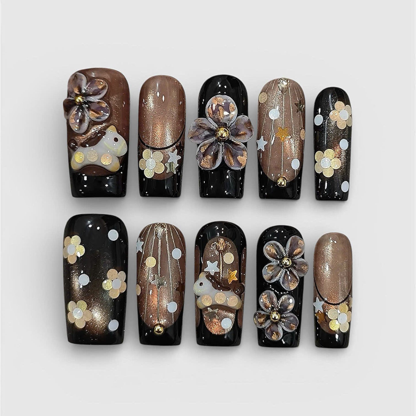 Brown Gold Floral Press On Nails Luxury Handmade Nail Set