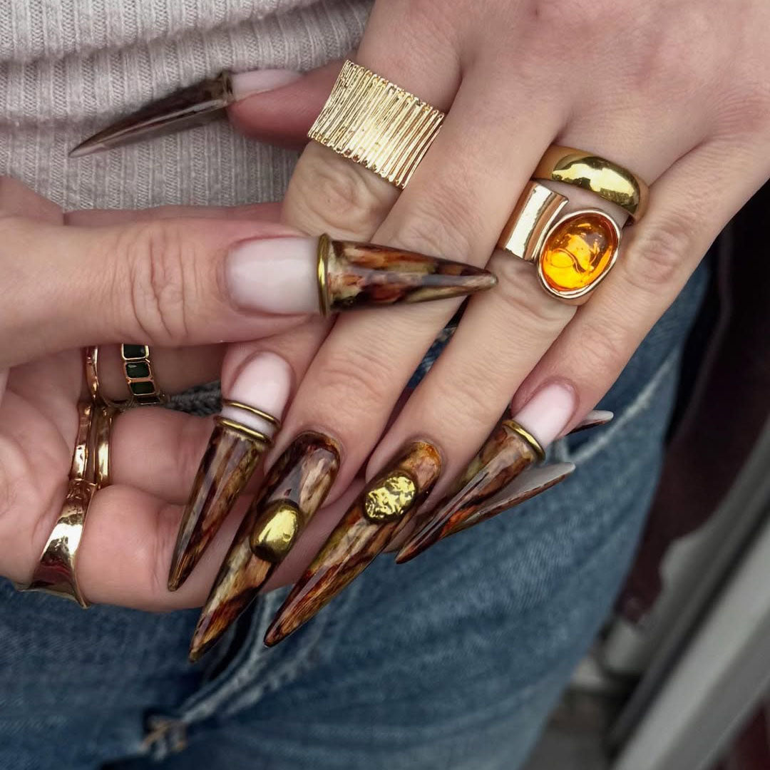 Brown Marble Gold Accent Stiletto Press On Nail Set