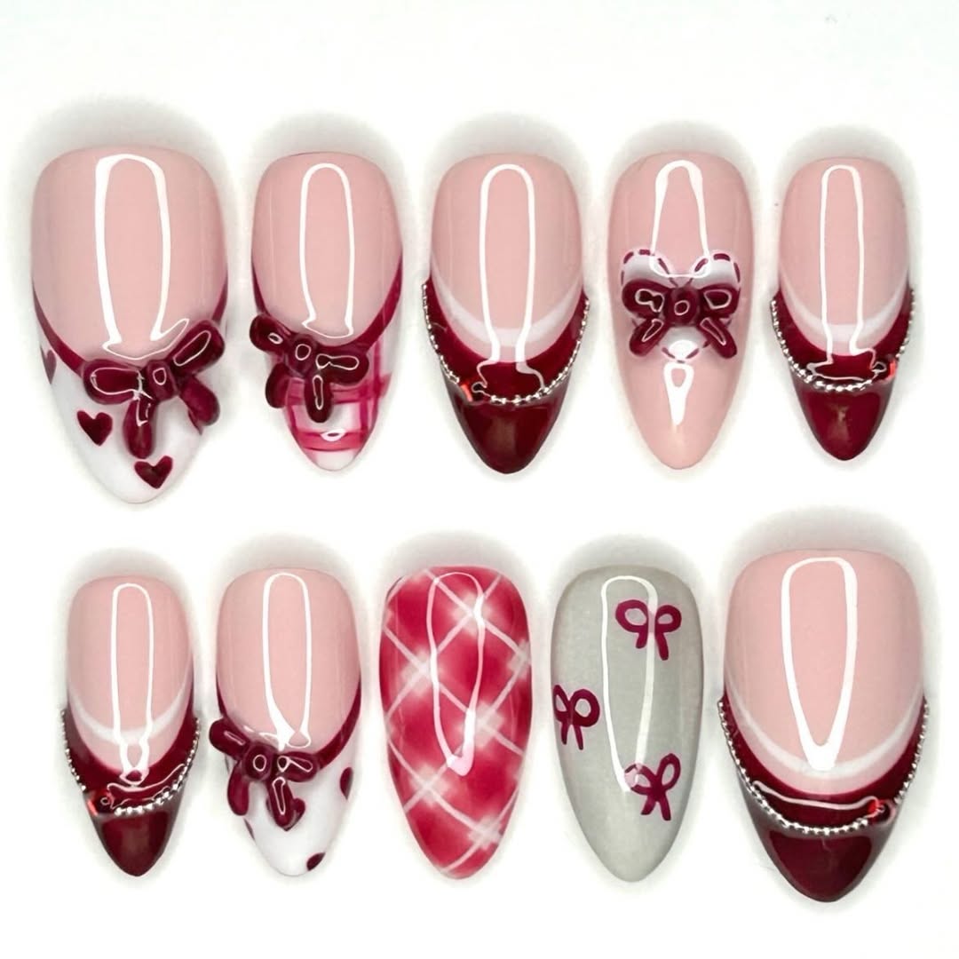 Burgundy Bow French Press On Nails Elegant Romantic Nail Set