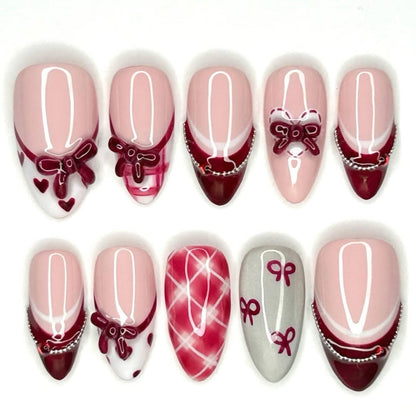 Burgundy Bow French Press On Nails Elegant Romantic Nail Set