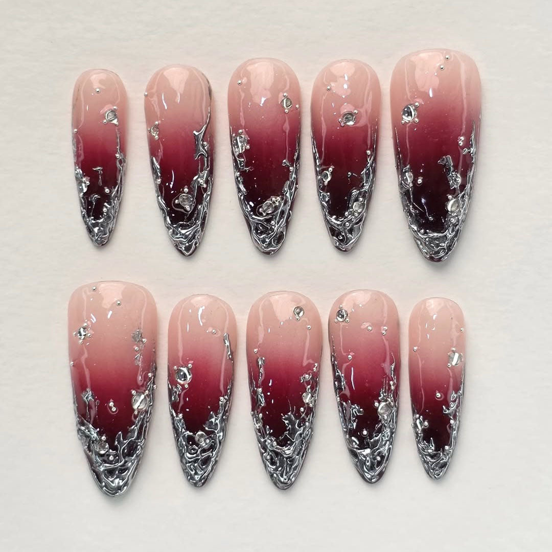 Burgundy Chrome Ombre Stiletto Handmade Press On Nails Set