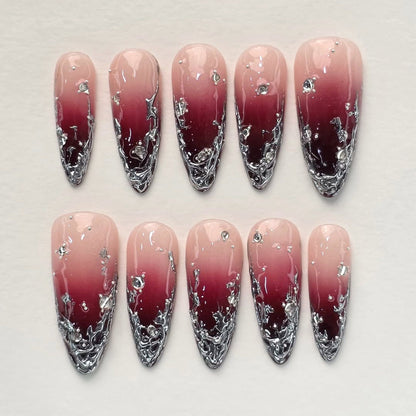 Burgundy Chrome Ombre Stiletto Handmade Press On Nails Set