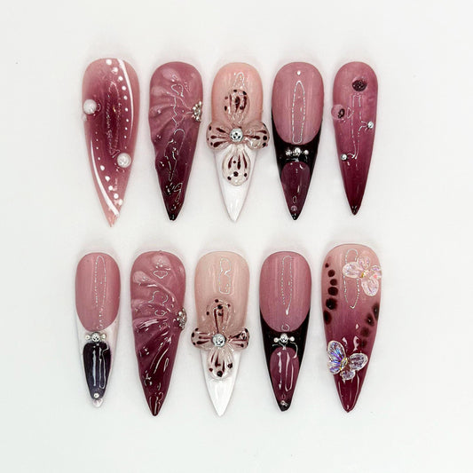 Burgundy Floral 3D Press-On Nails with Elegant Charm