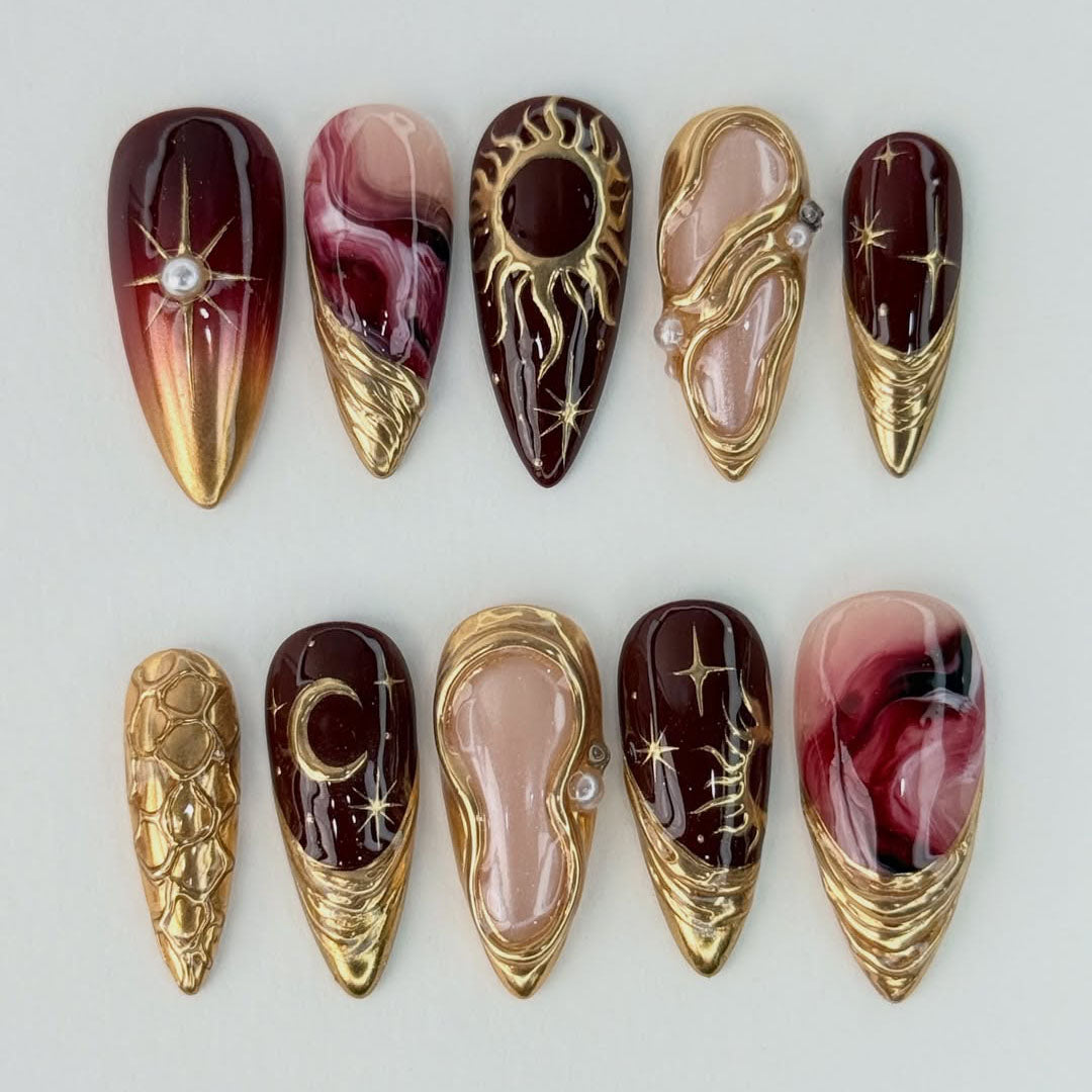 Burgundy Gold Celestial Press On Nails Luxury Sculpted Set
