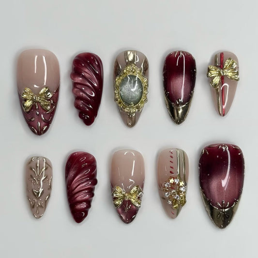 Burgundy and Gold Vintage Bow Press On Nails with Cameo Frame and Glossy Finish