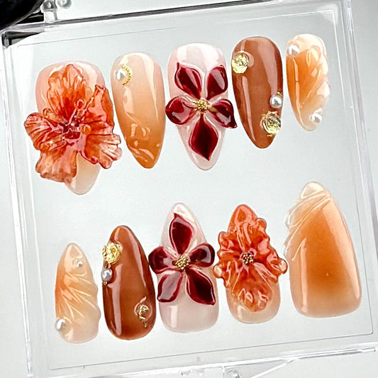 Burnt Coral Bloom 3D Press On Nail Set