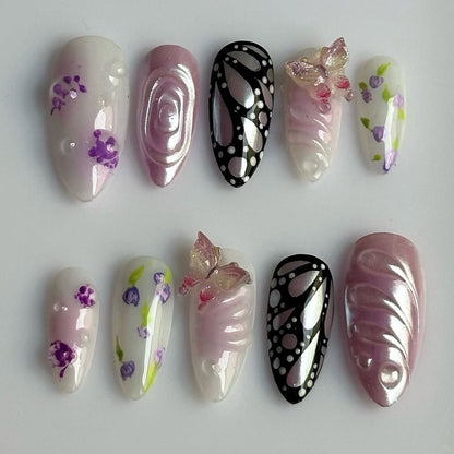 Butterfly Garden Press On Nails with Purple Floral Design