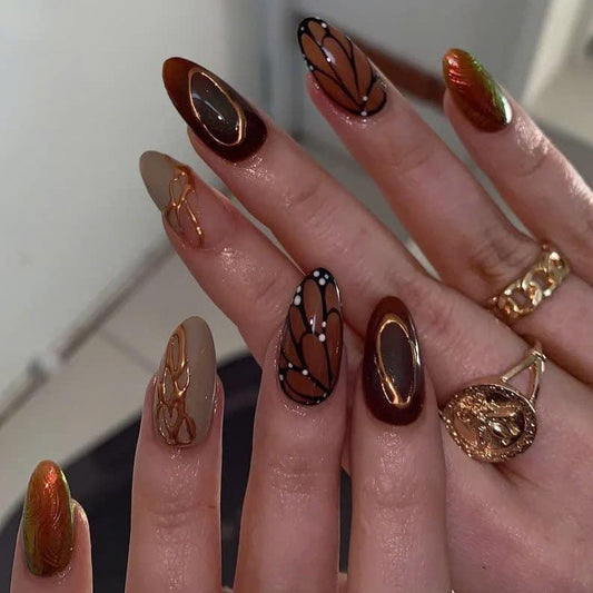 Butterfly Glazed Caramel Chrome Press On Nails Set