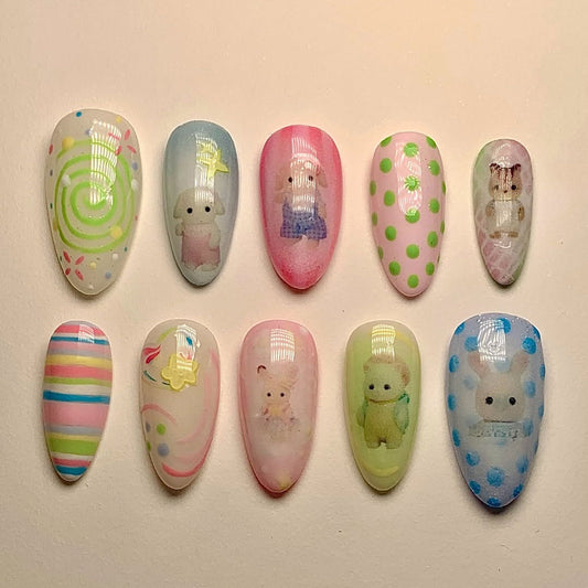 Candy Bear 3D Press On Nails with Pastel Colors and Cute Characters