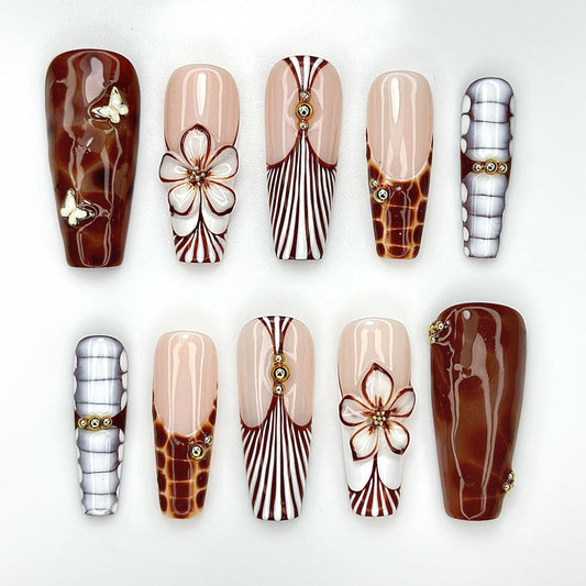 Caramel Elegance Press On Nails with Floral Details