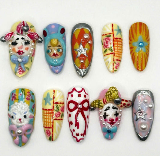 Carnival Doll Face Bow Star Pastel Retro Handmade Nails
