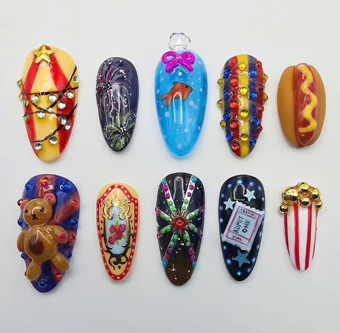 Carnival Fun Press On Nails with Bear, Popcorn, and Circus Details