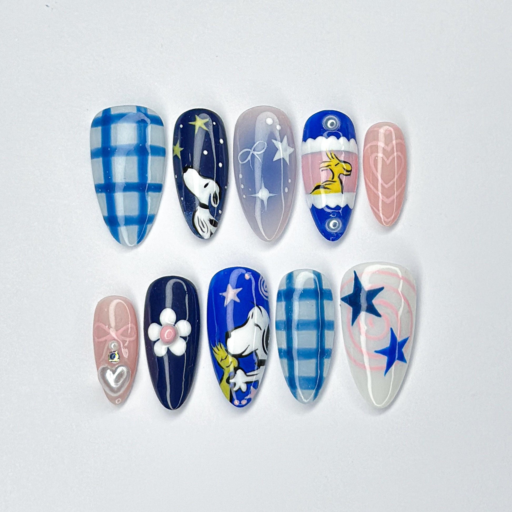 Cartoon Star Press On Nails Blue Gingham Set