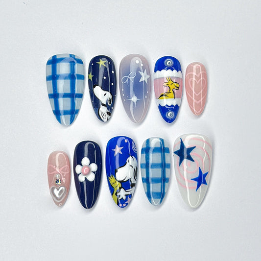 Cartoon Star Press On Nails Blue Gingham Set