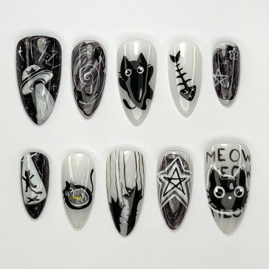 Cat Press On Nails – Black White Witchy Design