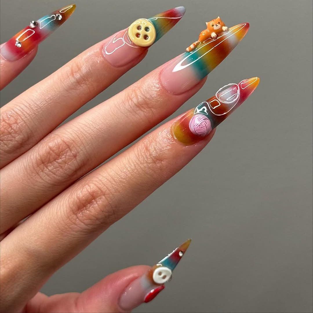 Cat and Button Rainbow Gradient Press On Nails with 3D Yarn Details
