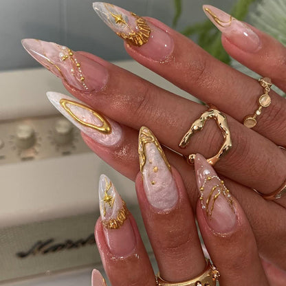 Celestial Gold Pearl Press On Nails – 3D Shell and Star Design
