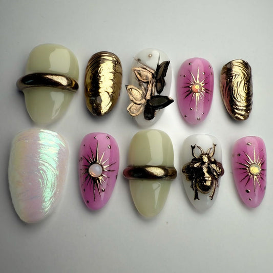 Celestial Nature Press-On Nails with Gold Beetle, Butterflies & Starburst Art