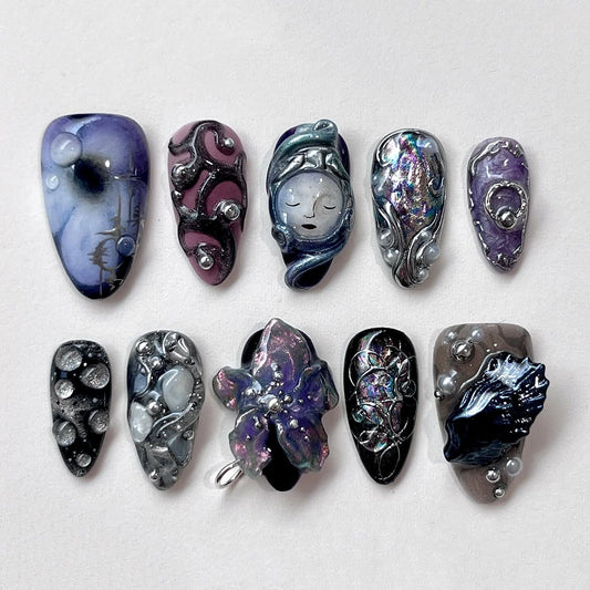 Celestial Ocean Press On Nails Moon Goddess Shell Fantasy Art Design