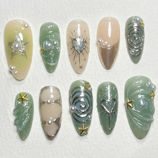 Celestial Pearl Luxury Press On Nails – Starry Galaxy Design