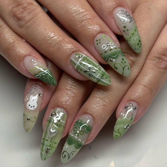Charming Green 3D Press-On Nails, Bunny Set
