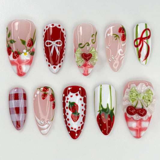 Charming Strawberry Bow Nails - Cute Press-On Set