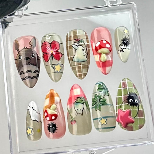 Charming Totoro Mushroom Press-On Nail Set.