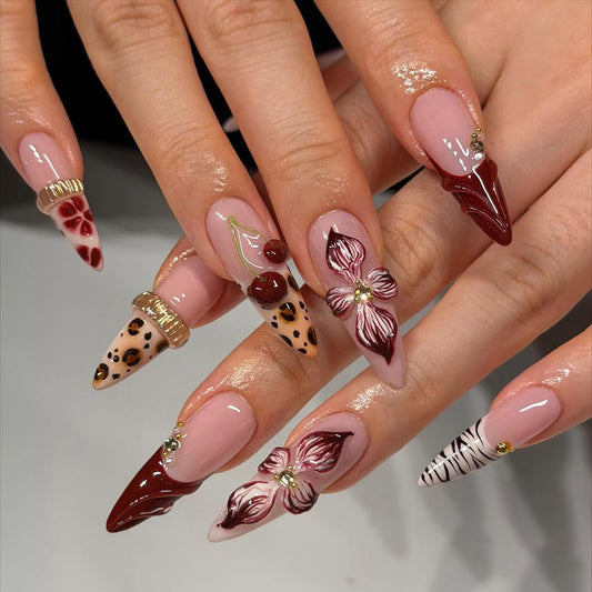 Cherry Blossom Leopard Press On Nails with Burgundy and Gold Accents