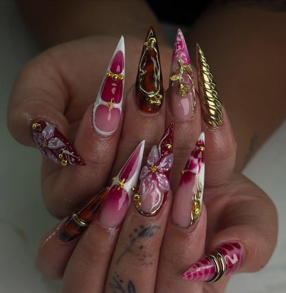 Cherry Gold Bloom Press On Nails, Red & White Stiletto
