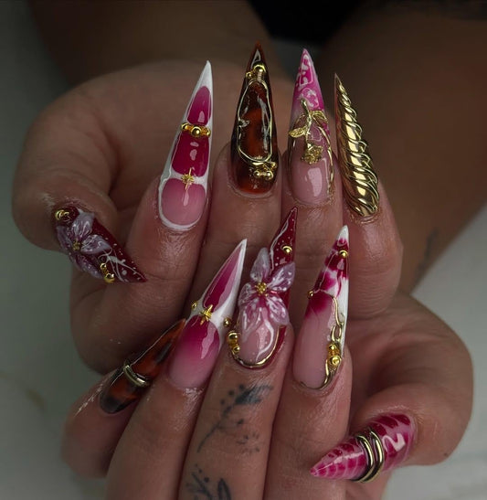 Cherry Gold Bloom Press On Nails, Red & White Stiletto