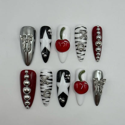 Cherry Star Chrome Press On Nails with Zebra and Silver Details