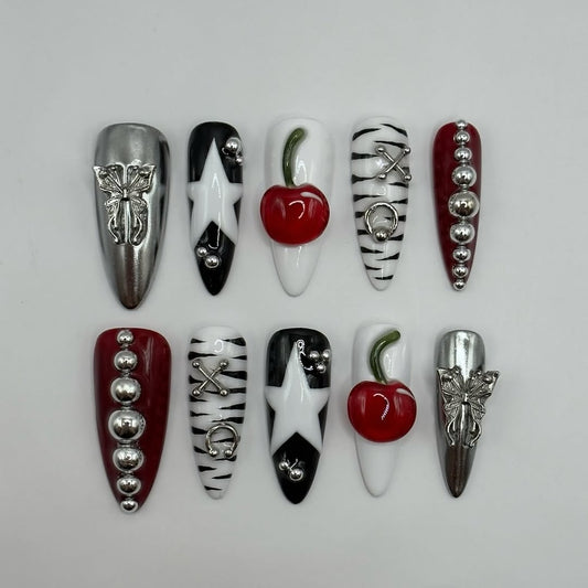 Cherry Star Chrome Press On Nails with Zebra and Silver Details